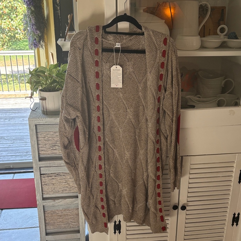 Cozy Beige Cable Knit Sweater Hooded with Red Accents